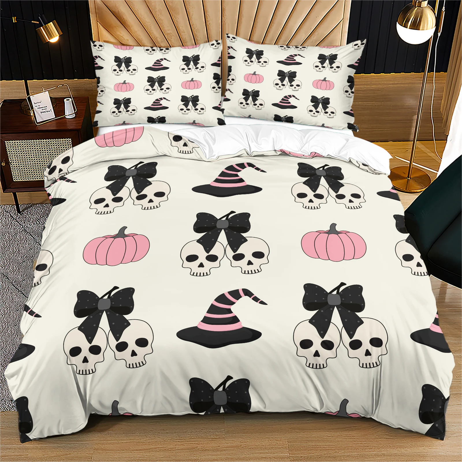 Cute Pink Halloween Duvet Cover Set Soft Microfiber 2/3‑Piece Bedding Set with Pillow Shams Spooky Sweet Gothic Bedroom Decor