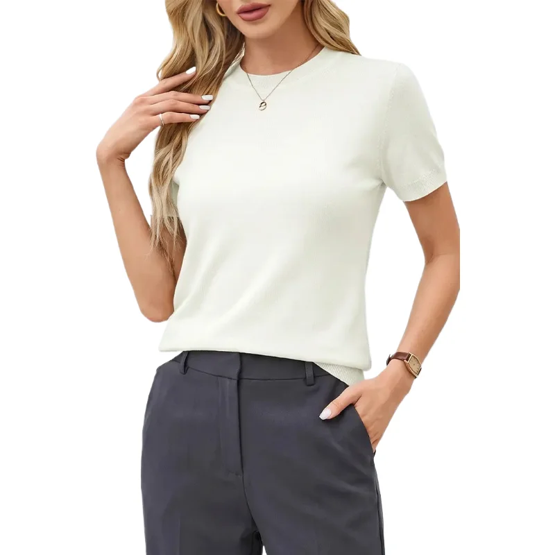 Women's Loose-Fitting Summer Knit Top, Short-Sleeved, Round Neck, Soft and Comfortable, Casual Style, Perfect for Summer Wear, Slim-Fit Knit Top, Women's Clothing.