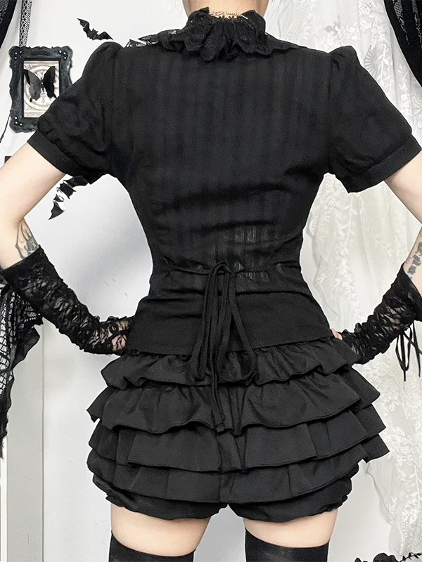 

Черный кружевной топ, готическая юбка, костюм для косплея, комплект на Хэллоуин, женская хлопковая летняя повседневная юбка с высокой талией H-образной формы