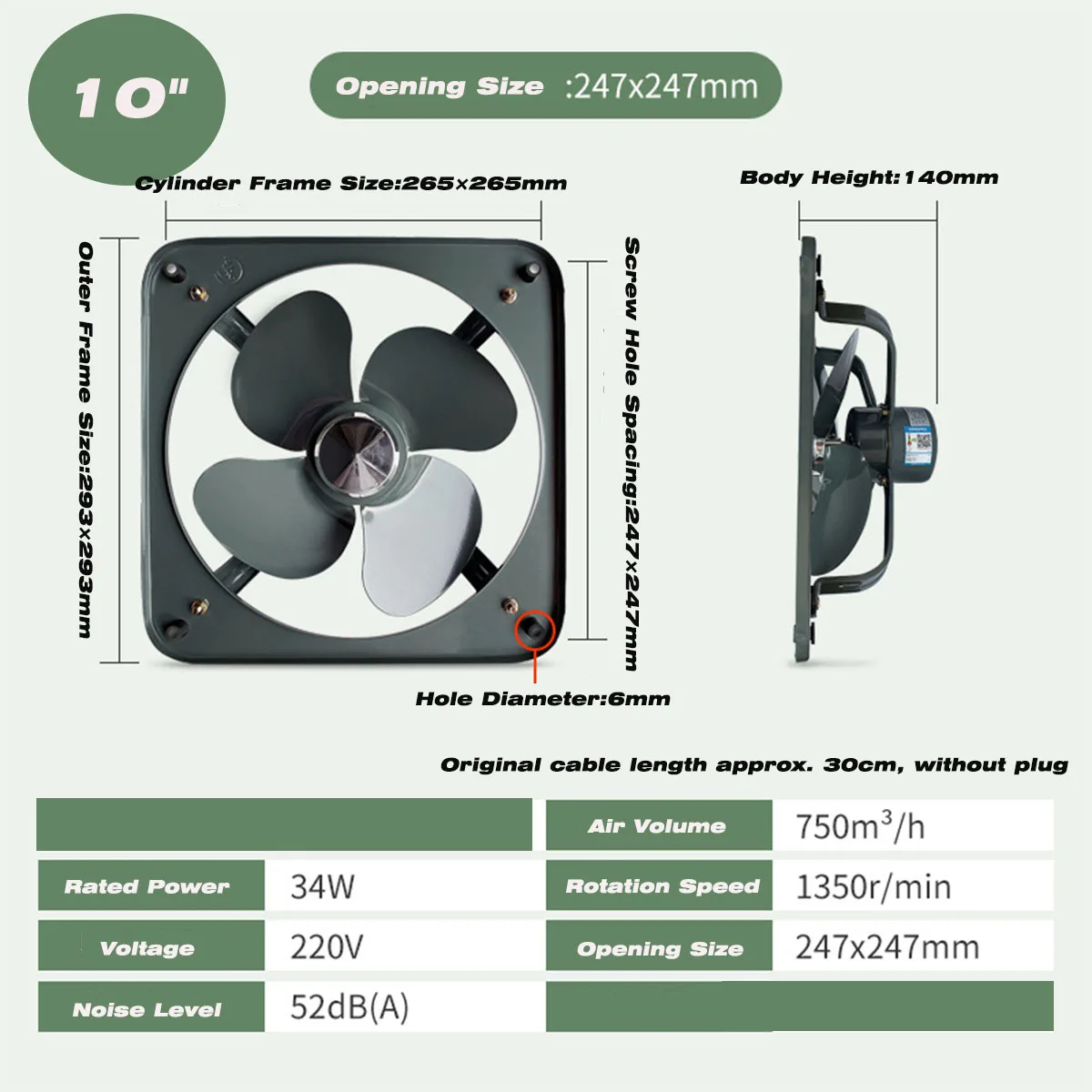 10" Exhaust Fan, Square Open Type Powerful High Airflow Vent Fan，Metal Kitchen Ventilator