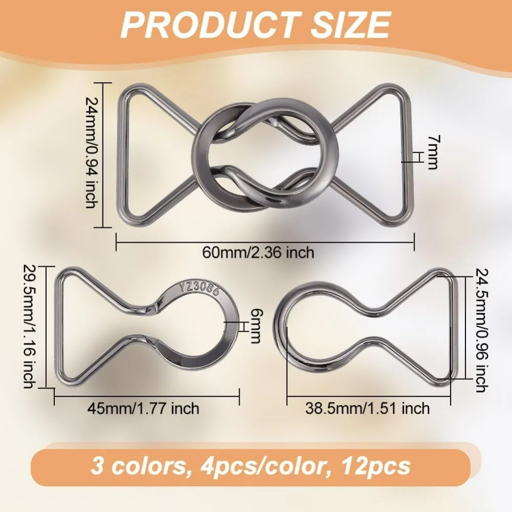 12 Pcs 3 Color Alloy Buckle 2.3x1 inch Bowknot Decorative Buckle Bowtie Interlocking Metal Buckle Metal Roller Buckles