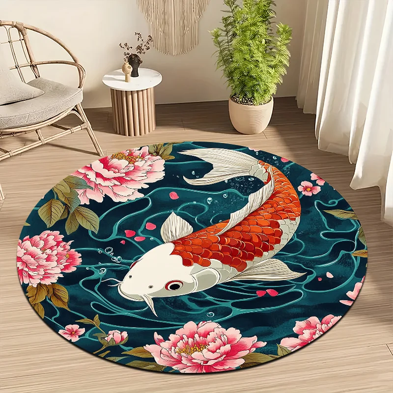 Koi carp and peony Flannel-printed round floor mats are slip-resistant Suitable for living room bedroom terrace garden carpets