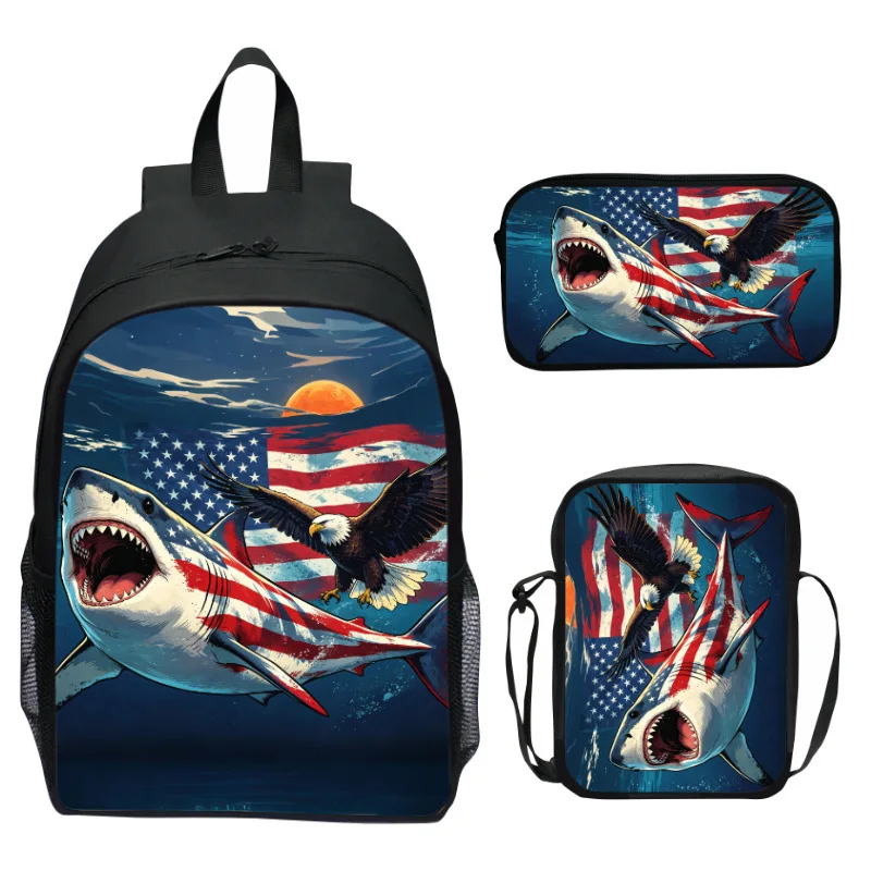 3Pcs/set Shark Eagle Print Backpack Set Large‑Capacity School Bag Cross‑body Bag & Pencil‑Case Rucksack for Teen‑Kids Gear