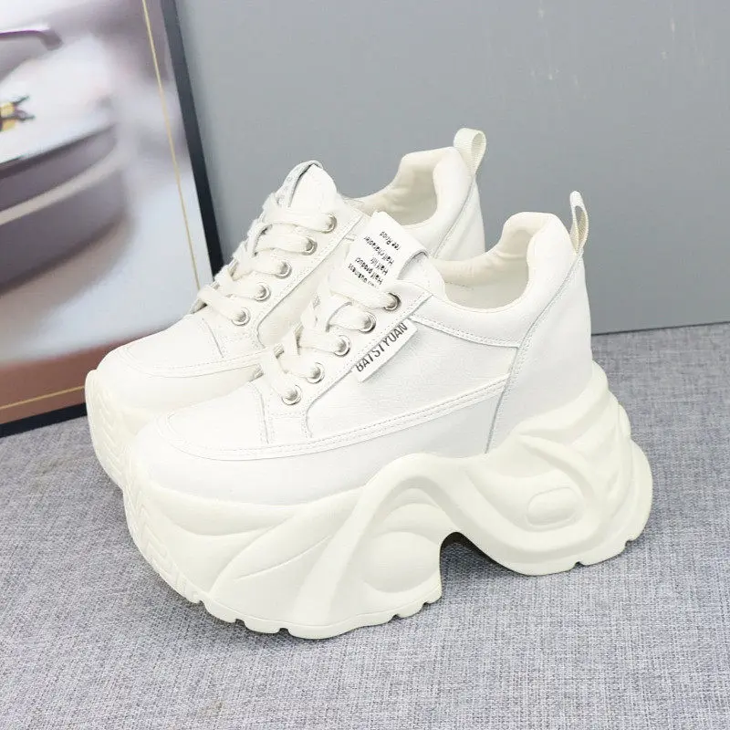 Women's 12cm Thick Sole Autumn New Dad Sneakers White Chunky Soft Insole Elevator Shoes Comfortable Platform Casual Shoes