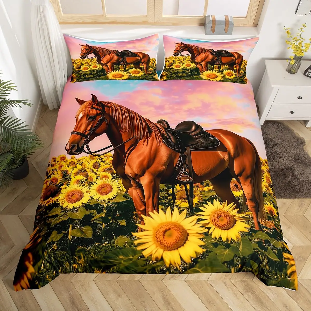 Horse Duvet Cover Western Cowboy Farmhouse Animal Bedding Set Soft Sunflower Floral Comforter Cover Twin Queen For Boys Girls