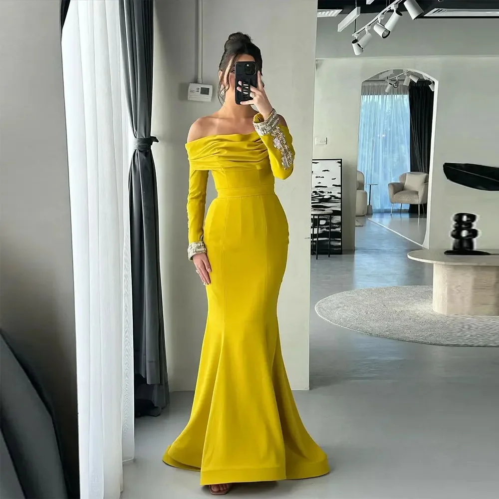 Aangepaste sexy eenvoudige vrouwen prom jurken mooie zeemeermin lange mouwen prinses avondjurken mode celebrity party vestidos