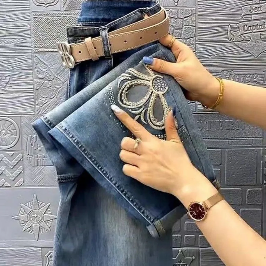 Shiny Diamond Embroidery Hollow-Out Jeans High-Waisted Slim Fashion All-Match Harem Pants Summer Lightweight Crop Length Jeans