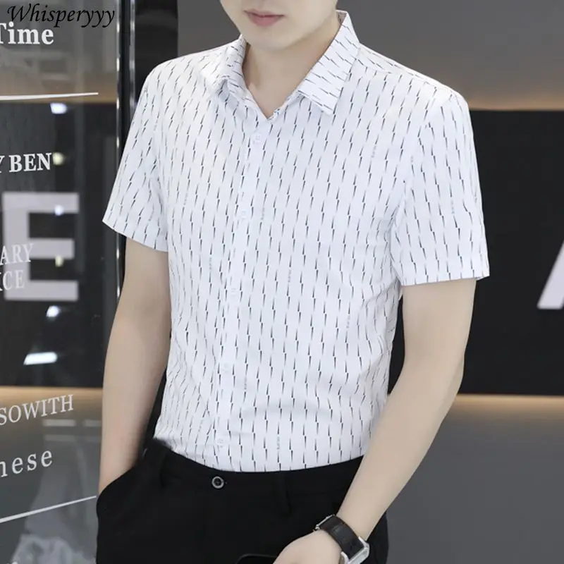 

Мужская рубашка с короткими рукавами, облегающие полосатые топы, новые летние деловые пуговицы, тонкая сорочка, модная повседневная блузка с отложным воротником
