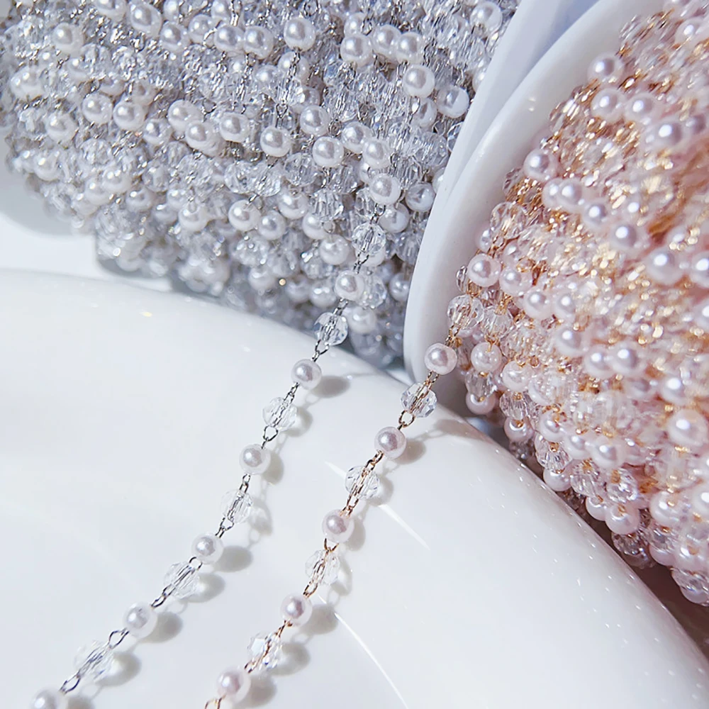

2Meters 1Meter Imitation Pearl Crystal Beaded Chain Copper Chains Supplies for Necklace Bracelet DIY Jewelry Making Components