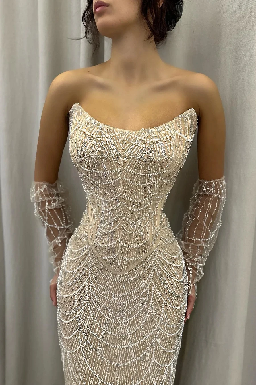 Vestido de novia de lujo con lentejuelas y perlas, traje largo sin tirantes de sirena, hasta el suelo, con cuentas, 2024