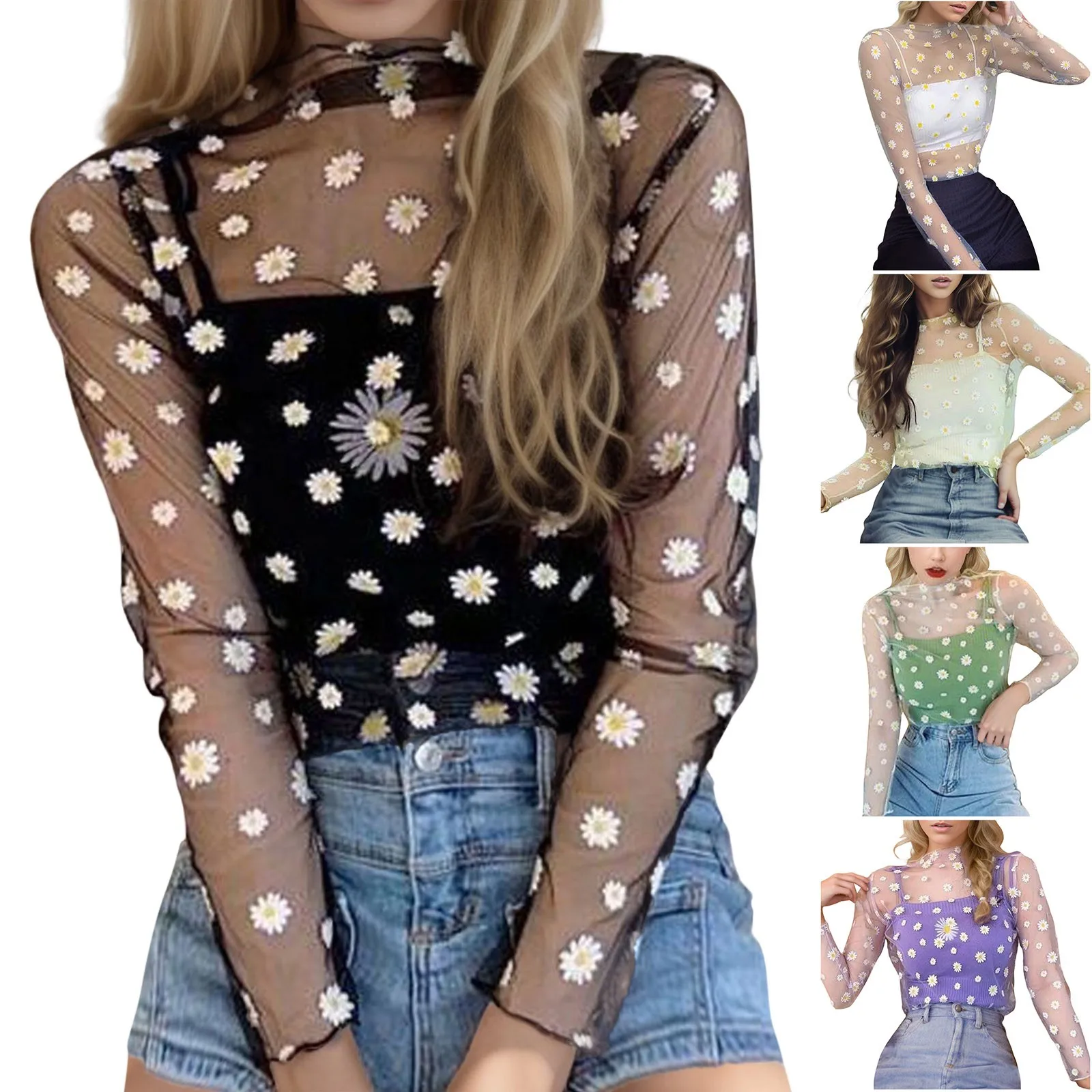 Summer Women Sexy Sunscreen Inner Wear Chiffon mesh Shirt Thin Shirt Butterfly Perspective Mesh Half-high Tops mesh bottom shirt