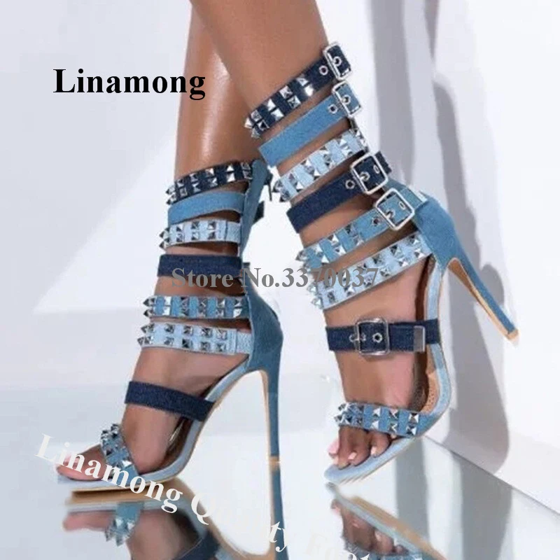 

Metal Rivets Buckles Gladiator Sandals Linamong Newest Round Toe Denim Patchwork Stiletto Heel Stud Dress Shoes Dress Heels