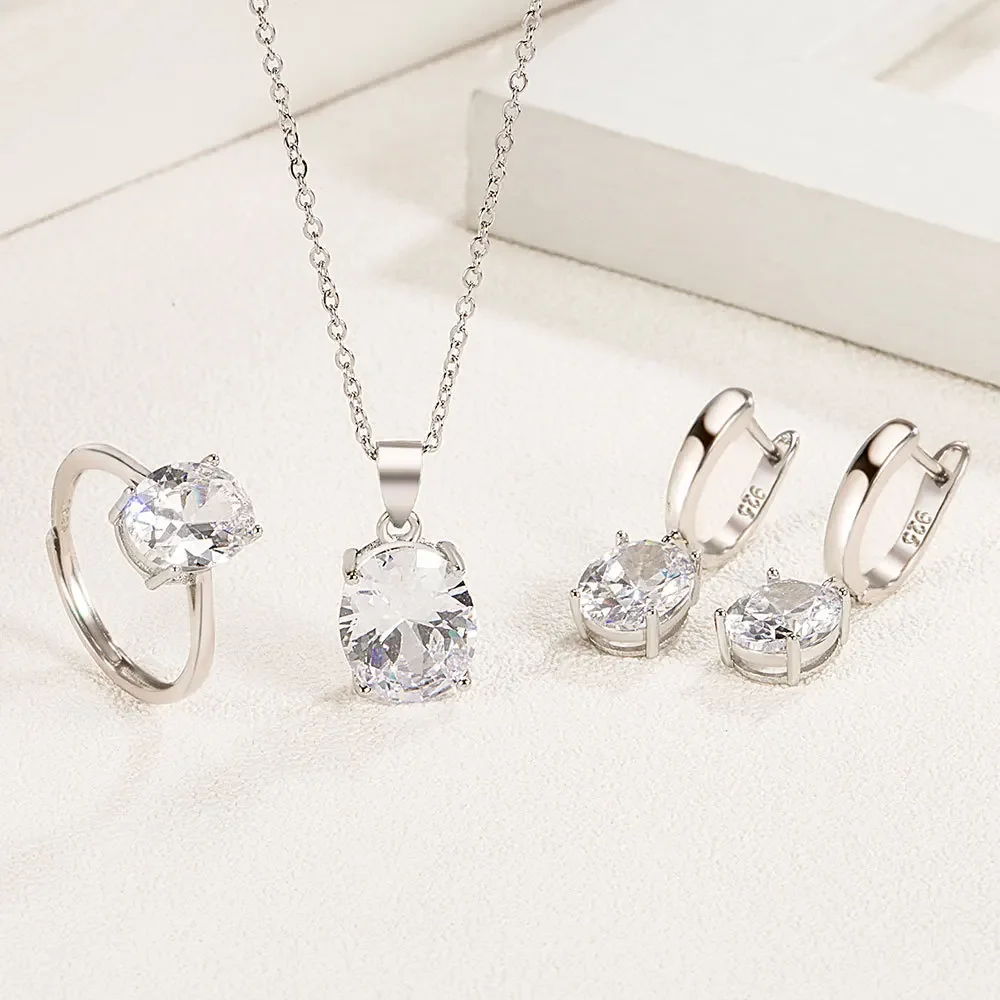 s925 Sterling Silver Jewelry Sets For Women Ellipse Zircon Ring Necklace Earrings Luxury Accessories
