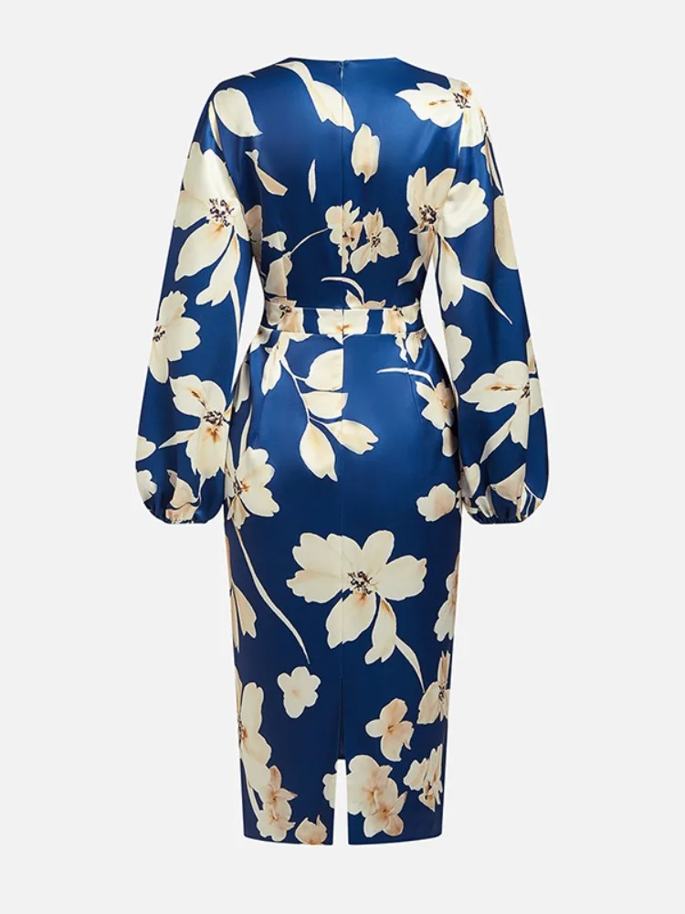 Robe mi-longue élégante à imprimé Floral pour femmes, col en v, manches bouffantes, taille haute, moulante, robes de soirée élégantes, automne 2025