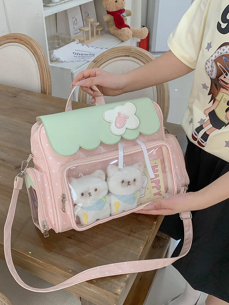 Sweet Pastel Color Ita Bag Polka Dot Pattern Window Large Capacity Anime Doll Display Crossbody Shoulder Bag