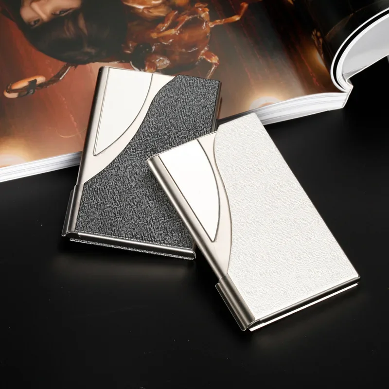 Laser Engraved LOGO Luxury PU Leather Men's Business Card Holder Stainless Steel Aluminum Metal Box Lid Credit Card Holder