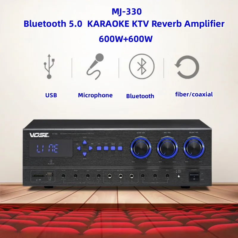 

MJ-330 Bluetooth 5.0 600W*2 Stereo HIFI Stage Home KARAOKE KTV Reverb Audio Amplifier With USB Fiber Coaxial Microphone Input