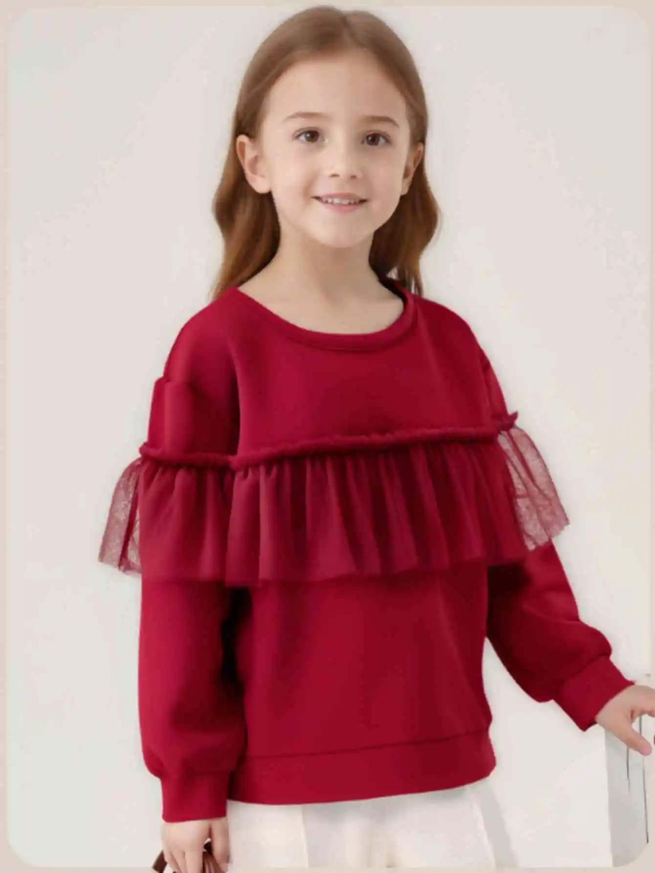 

Spring and autumn children's girls wine red pullover round neck long sleeve top patchwork lace style sweet hoodie