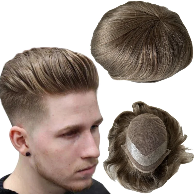 

Indian Virgin Human Hair Systems Light Brown Color #7 32mm Wave Hollywood Toupee 8x10 Front Lace Unit for White Men