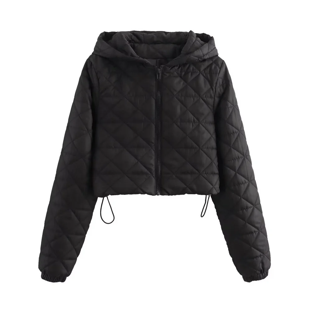 

Fashion Black Quilted Crop Hooded Coat for Women Autumn Winter Long Sleeve Zipper Adjustable Hem Versatile Female Jacket