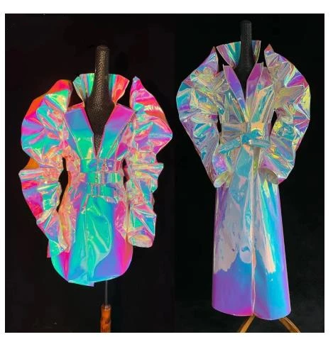 

Glitter Long Overcoat Performance Cloak Puff Sleeve Laser Reflective Coat Nightclub DressWomen Singer Bar Concert Stage Costume