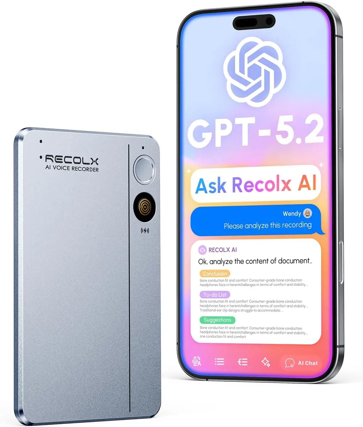 

Диктофон с ИИ и анализом GPT-5.2, запись до 30 часов, преобразование речи в текст на 112 языков и автоматическое выведение основных моментов для совещаний, серебристо-серый