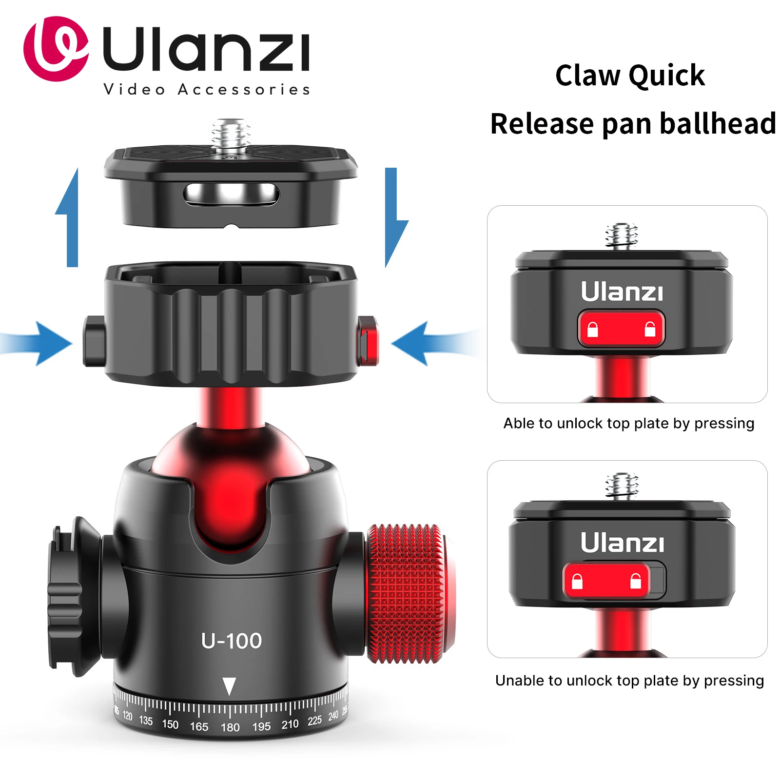 Ulanzi U-100 Ball Head for Tripod With Claw Quick Release Plate Mount 360 Degree Rotatable Alloy Ballhead for DSLR Camera Tripod