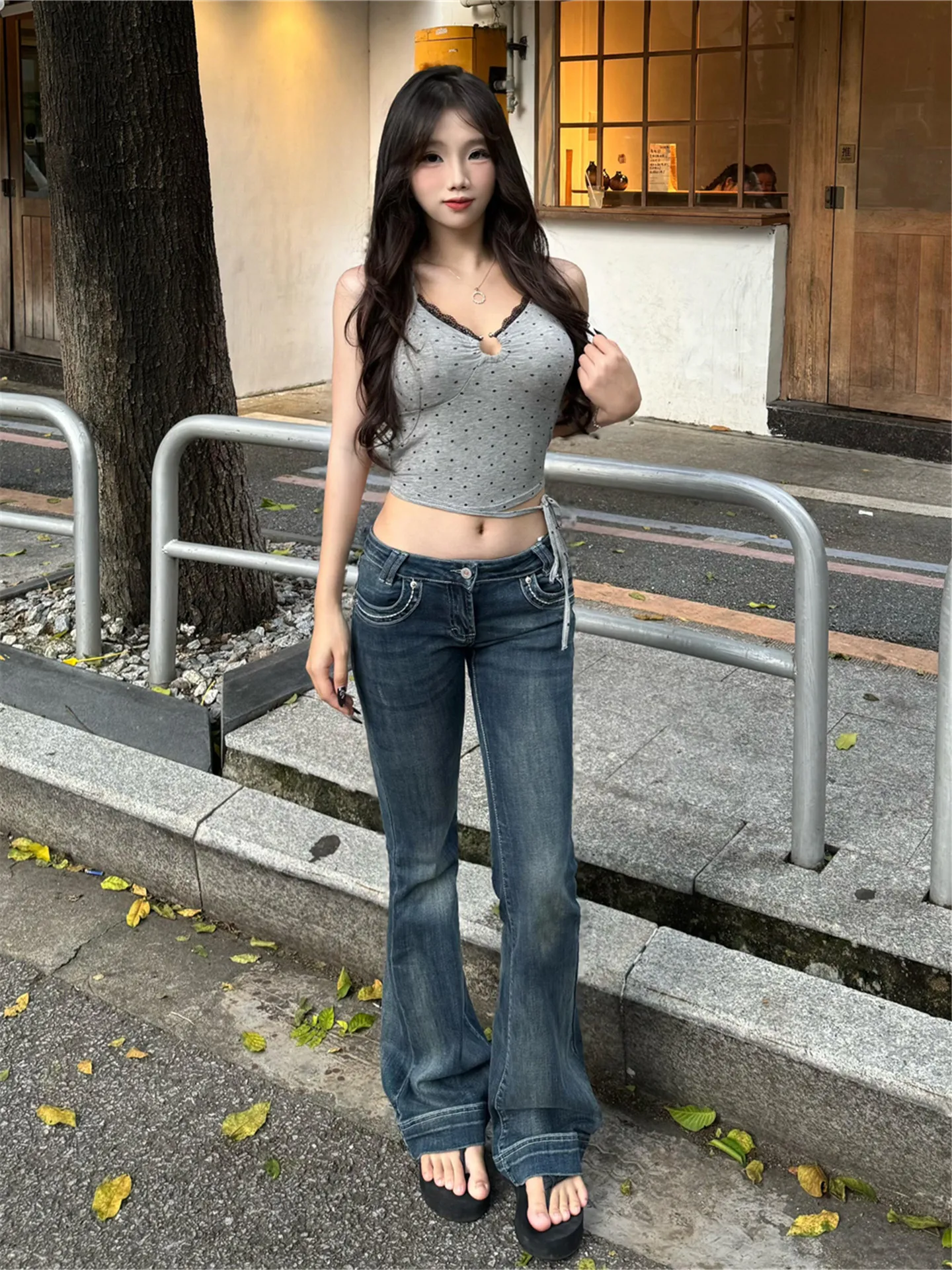 

Retro American Street Low Waist Bell Bottom Jeans Women's Spring Autumn Slimming Long Floor Length Pants Casual Cotton Denim