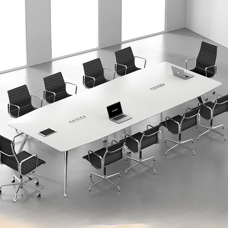 White small conference table, minimalist modern 8-person steel frame long table, company meeting 6-person conference room table