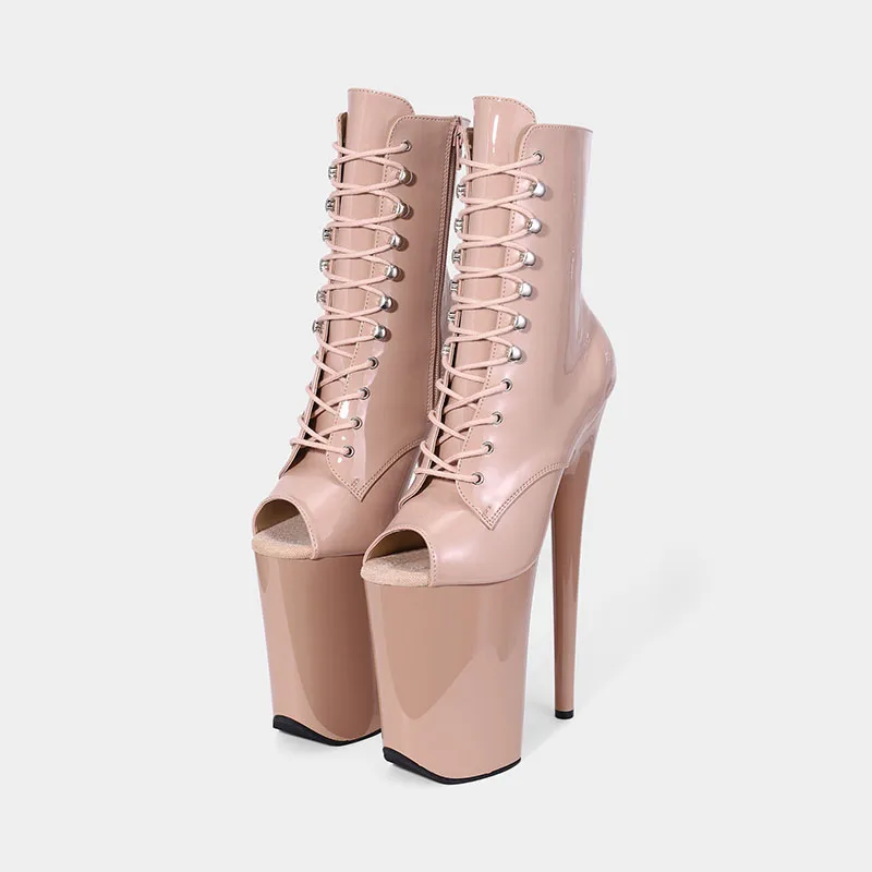 

LAIJIANJINXIA New 23CM/9inches Apricot PU Upper Sexy Exotic High Heel Peep Toe Party Women Model ANKLE Boots Pole Dance Shoes