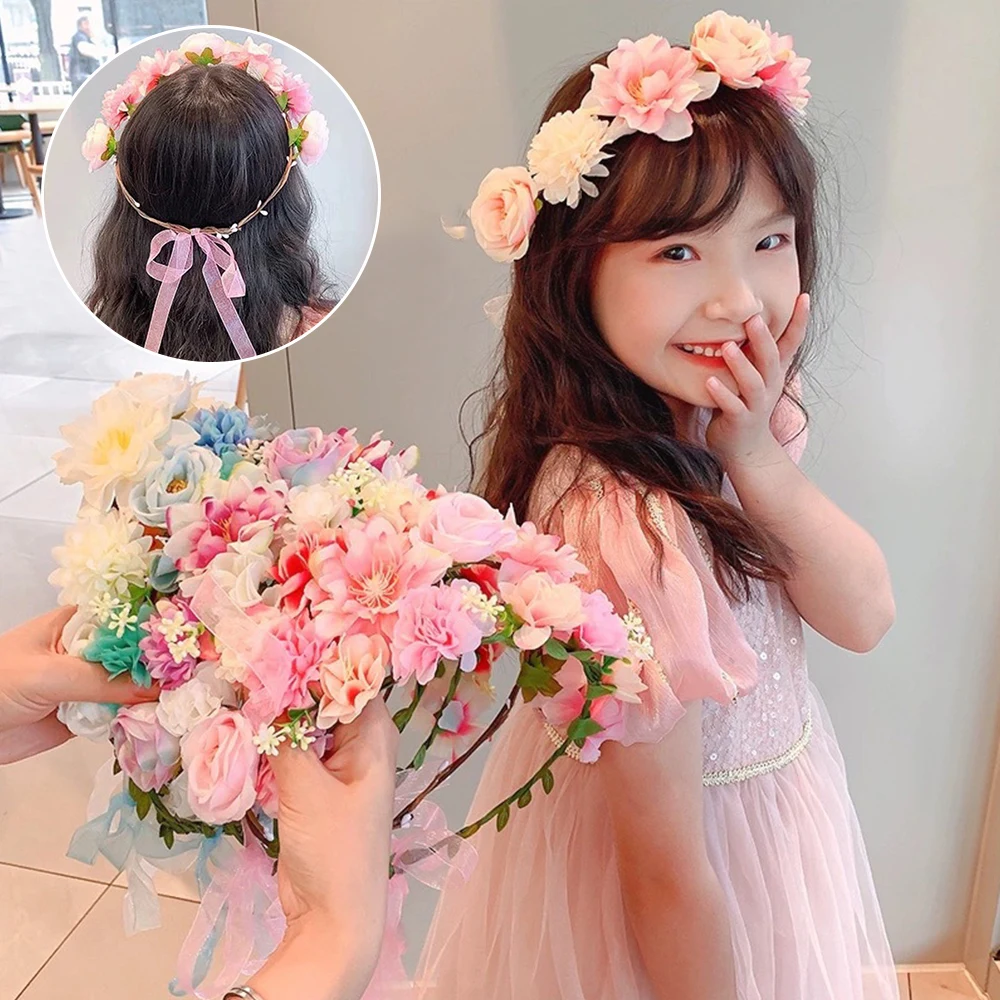 Fashion Bohemia Garland Rose Flower Crown Women Headbands with Adjustable Ribbon Girls Floral Wreath Bridal Halo Headpiece