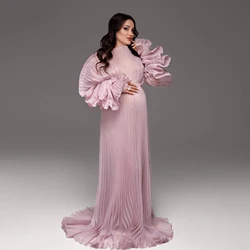 Elegant Pregnancy Maternity Dress Babyshower Party Wear Pink Maxi Prom Gowns Pleated Sleeves Maternity Dresses for Photoshoot