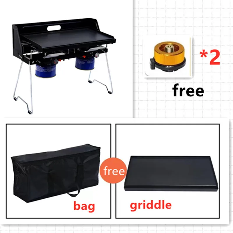 Outdoor Portable Gas Stove, Gas BBQ Grill, Double Burners Grill, with Griddle, Iron Plates