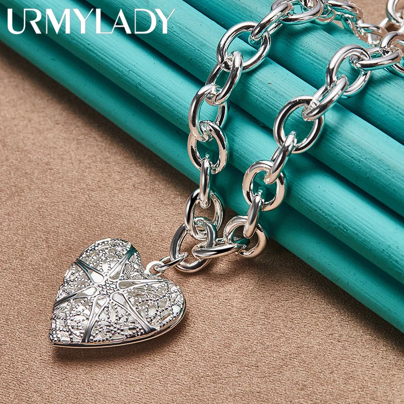 URMYLADY 925 Sterling Silver Heart Photo Frame Pendant 18 Inch Necklace For Women Wedding Party Fashion Jewelry