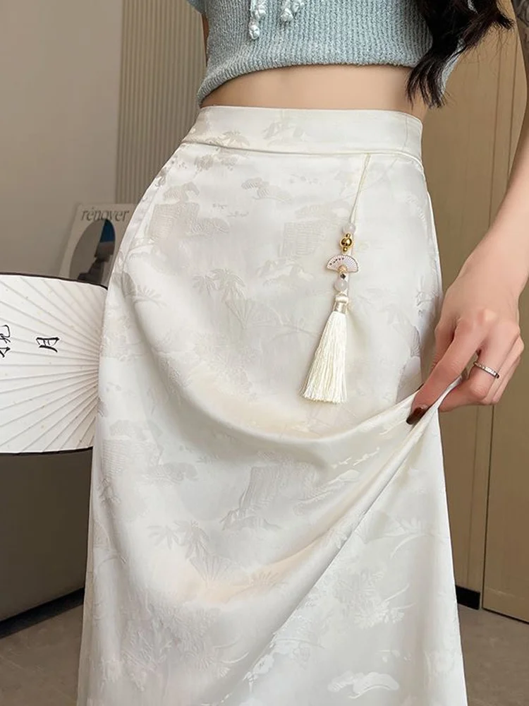 

New Chinese Style Satin Half Skirt Women's Summer 2026 High Waist Slimming Drapey A-Line Long Skirt Floral Embroidery
