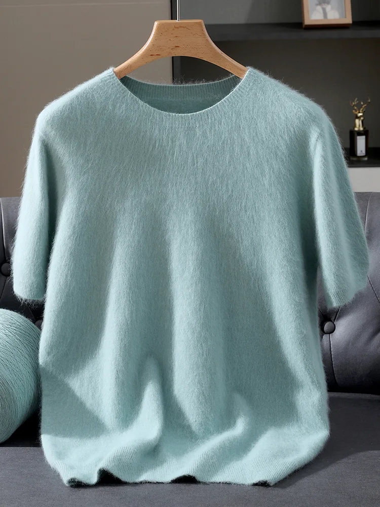 

Мужской пуловер из 100% норки и кашемира с короткими рукавами, свитер с круглым вырезом, футболка, весенне-осенний трикотаж, элегантная повседневная одежда для кожи, дорожная одежда