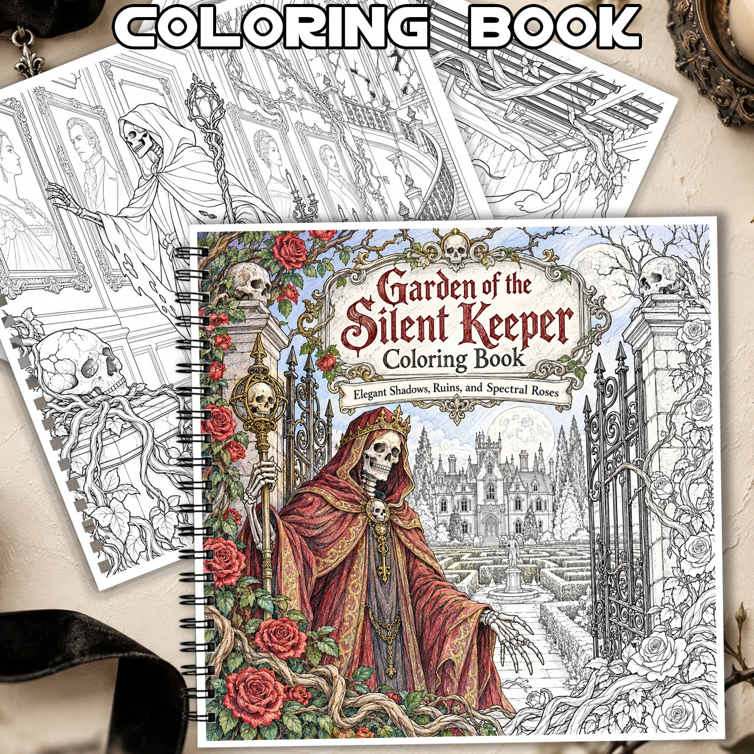 24 Pages Coloring Book Spiral Binding Gothic Skeleton Showcasing Creativity Relieving Stress Christmas Gift For Adults Teens