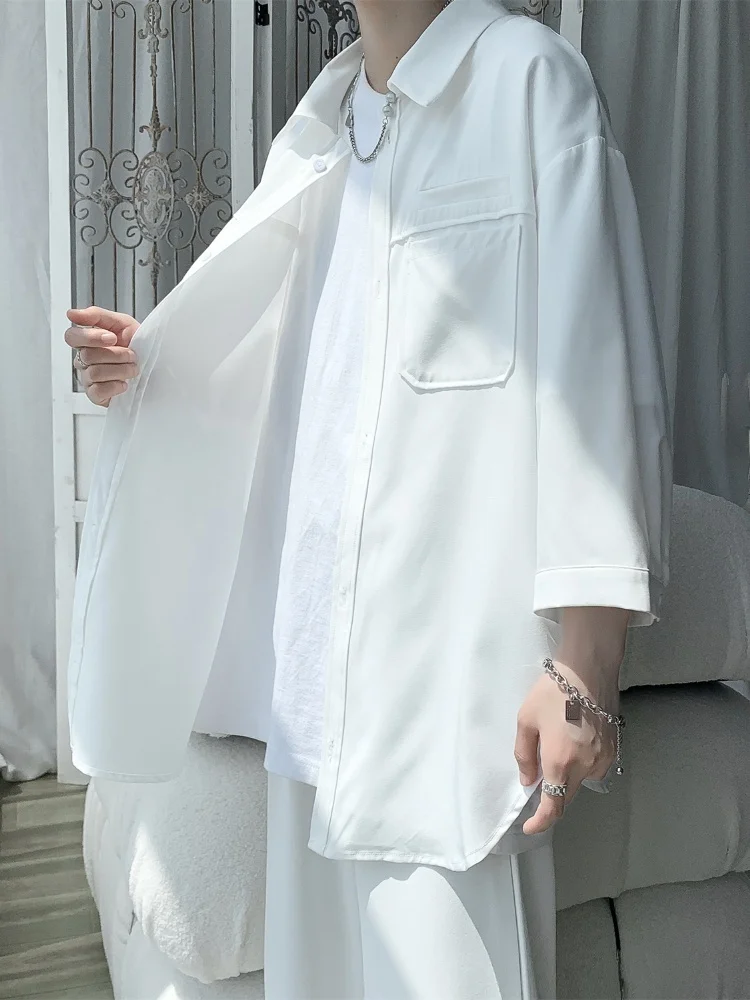 

Ice Silk Men's irt ort Sve Summer Thin Loose Drapey Breathable Faionable Casual Loose Fit f Sve Turn-down Collar