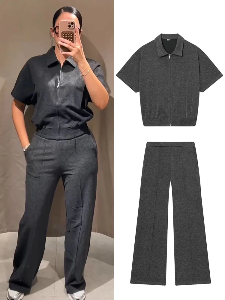 

HH женский модный жилет на молнии с короткими рукавами и лацканами + осенний жилет с высокой талией и эластичными карманами на талии, широкие брюки, свободный комплект из 2 предметов