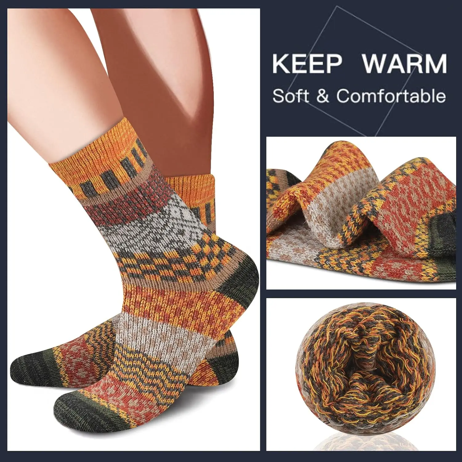 5 Pairs Winter Mens Warm Wool Socks Cold Weather Thermal Thick Crew Pattern Socks Retro Style Colorful Fashion Snow Socks