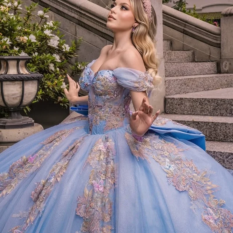 

Blue Quinceanera Dress Lace crystal off-shoulder Sequins Flower decal Big Bow vestidos de 15 Quinceanera ﻿Customized