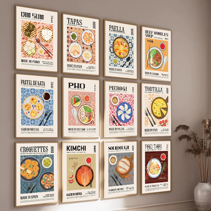 2026 Delicious Food Canvas Painting World Cuisine Print Wall Art Poster Ravioli Ramen Coffee Pizza Picture for Home Decorations
