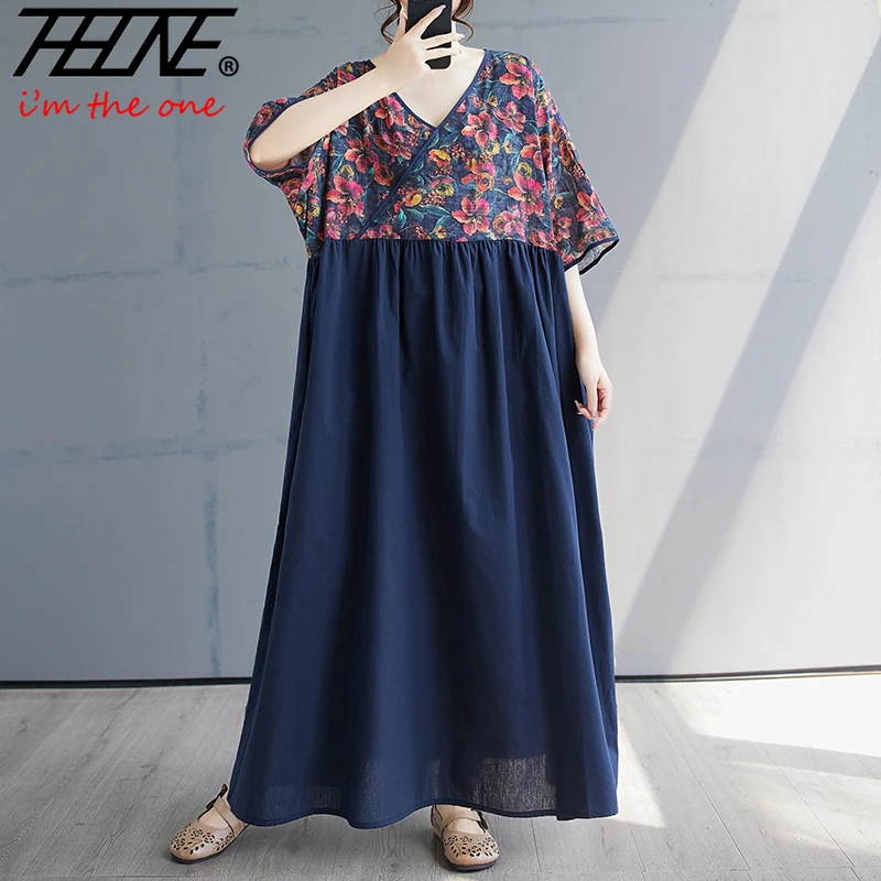 90KG Plus Size Dress for Women Summer Floral Casual Korean Style Loose Vintage Vestidos Para Mujer Robe Print Oversized Dresses