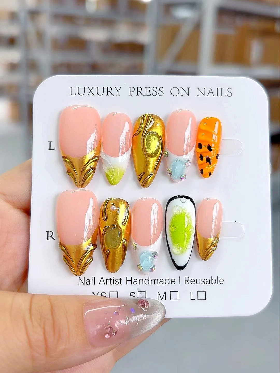 

3D Carved Orange Yellow Press on Nails, Long Almond Glossy Mixed Color Fake Nails (D505)