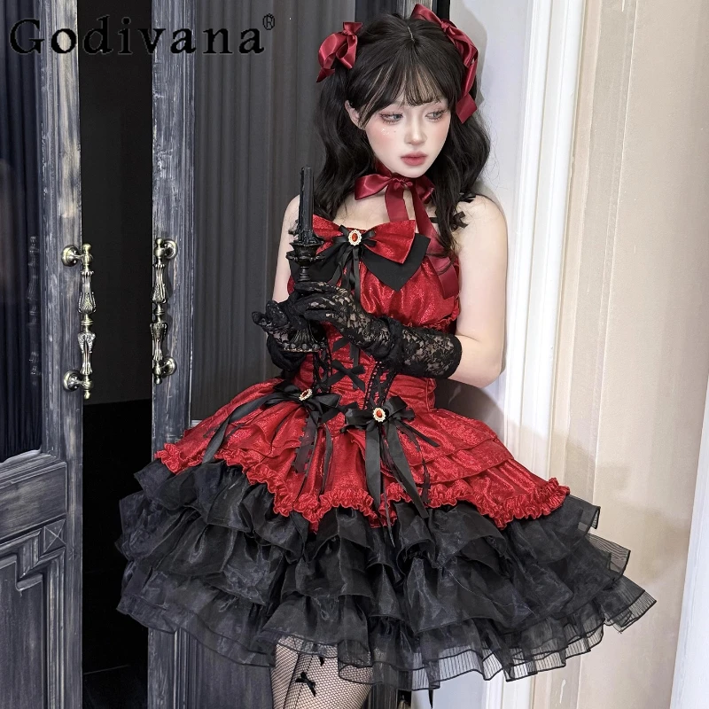 

Elegant Sweet Ballet Style Lolita Dress Women's Black and Red Princess Cake Dress Adult Girls Sleeveless Bow Design Dress