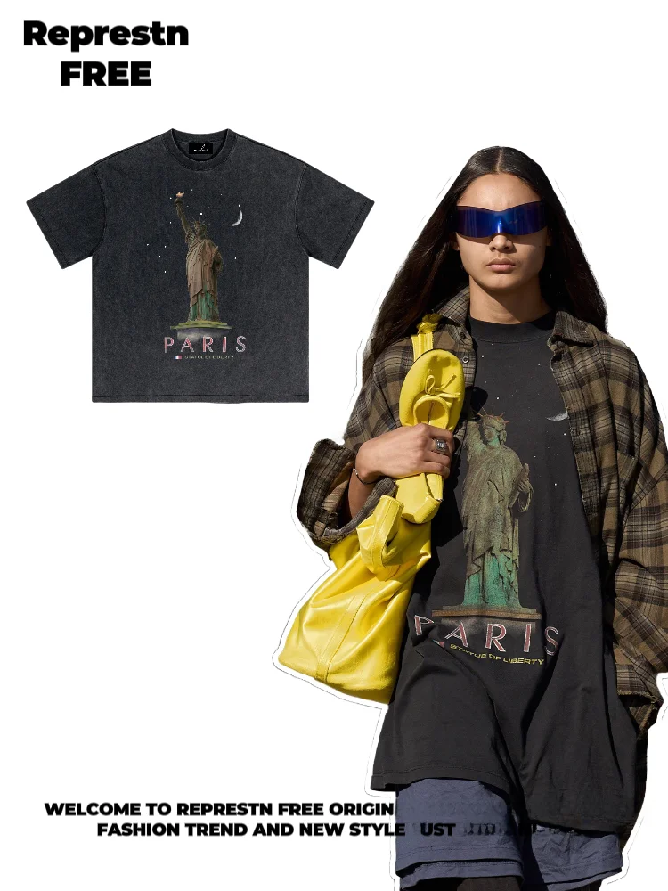 

Женская свободная хлопковая футболка Represtn Free Paris с коротким рукавом, винтажная, с эффектом потертости, для весны/лета, дышащая, повседневная