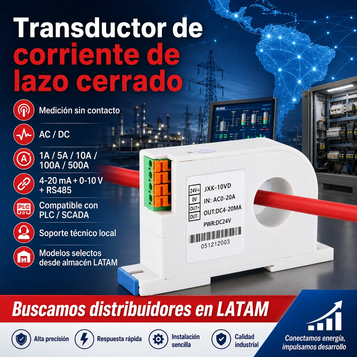 Leakage Current Sensor Leakage Current Measurement through Hole for Electrical Panel Non-Contact Leakage Transducer 4-20Ma/0-10V/Rs485 for Plc Scada