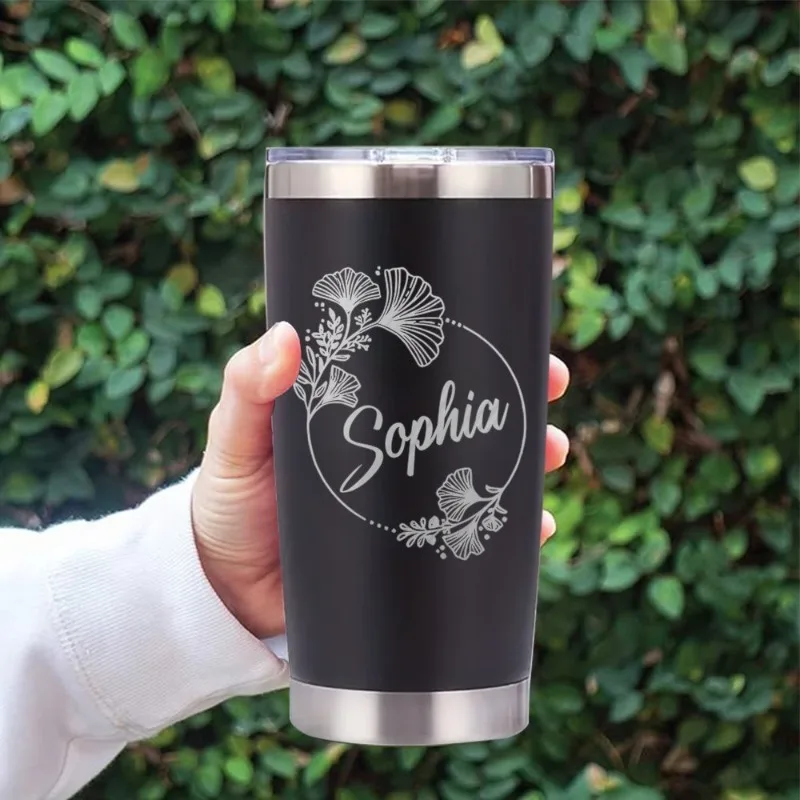 20oz Custom Name Ginkgo Branch Carved Floral Stainless Steel Water Coffee Cup Personalized Festival Birthday Gift for Men Women