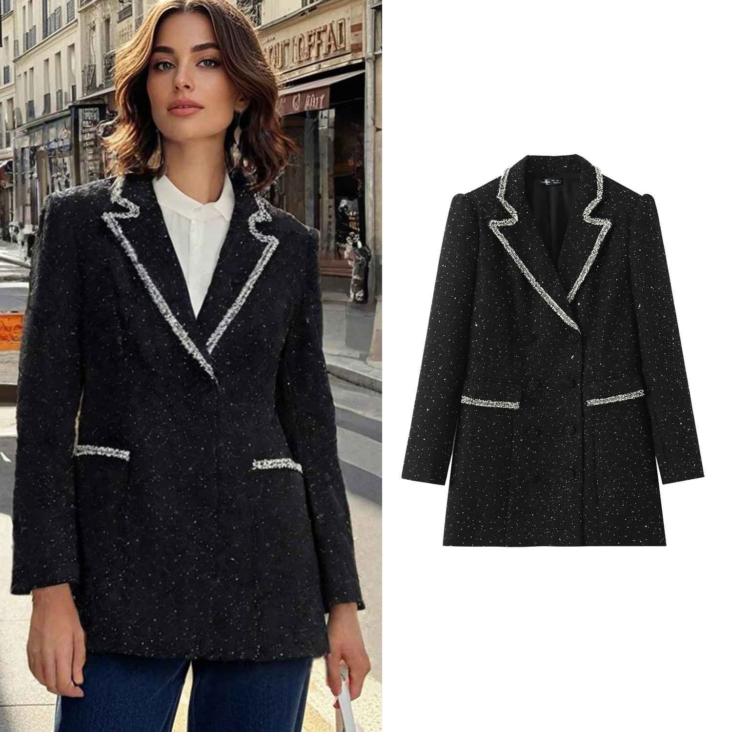 

Women Elegant Patchwork Blazer Spring Female Sequin Coarse Spinning Suit Jacket Lady Double Breasted Long Sleeved Casual Outwear