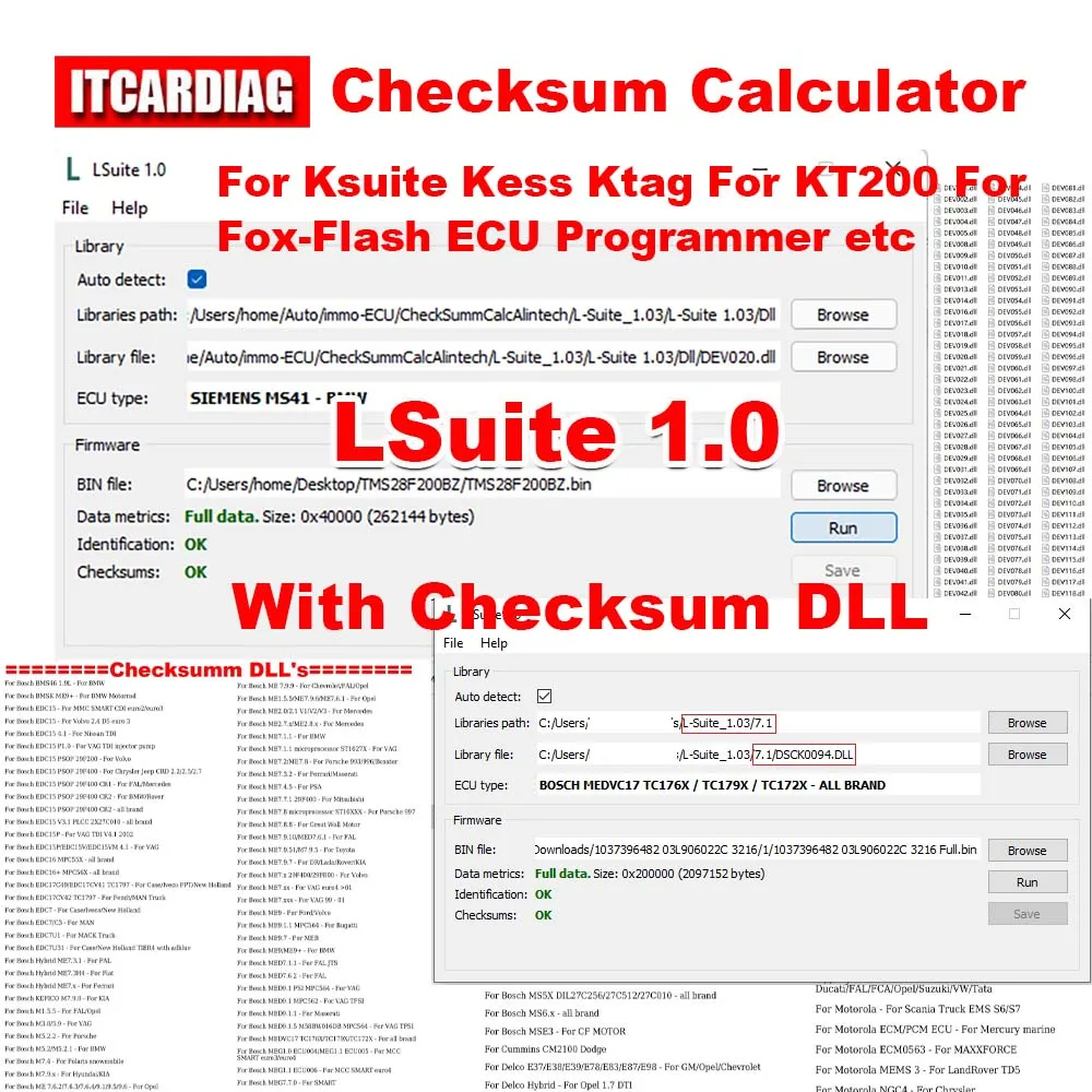 

LSuite 1.0 для Ksuite Kess Ktag для KT200 для программатора ECU Fox-Flash и т. д. Инструмент калькулятора Checksum L-suite Коррекция чакса